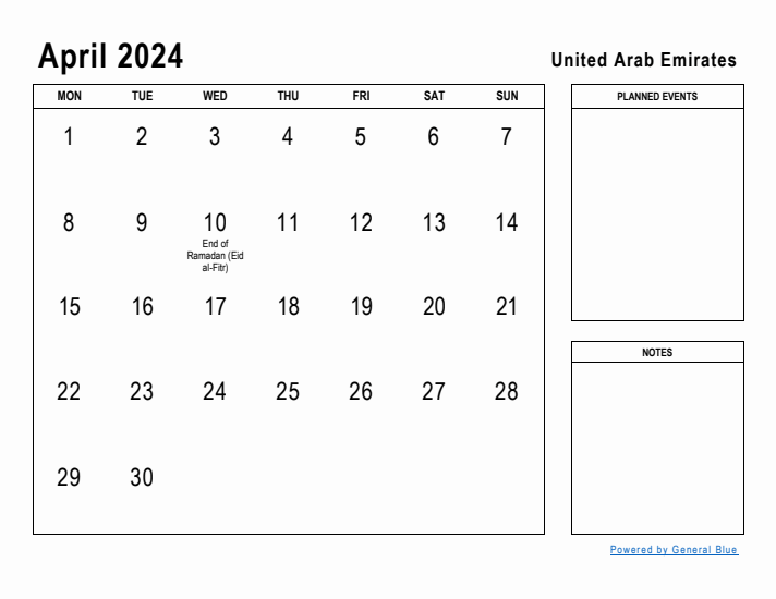 April 2024 Printable Monthly Calendar with United Arab Emirates Holidays