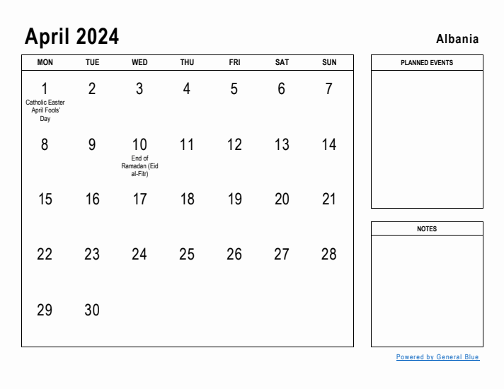 April 2024 Printable Monthly Calendar with Albania Holidays