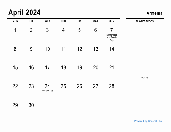 April 2024 Printable Monthly Calendar with Armenia Holidays