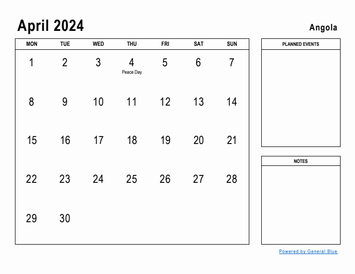 April 2024 Printable Monthly Calendar with Angola Holidays