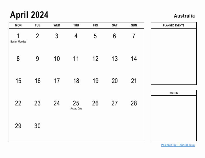 April 2024 Printable Monthly Calendar with Australia Holidays