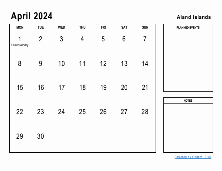 April 2024 Printable Monthly Calendar with Aland Islands Holidays