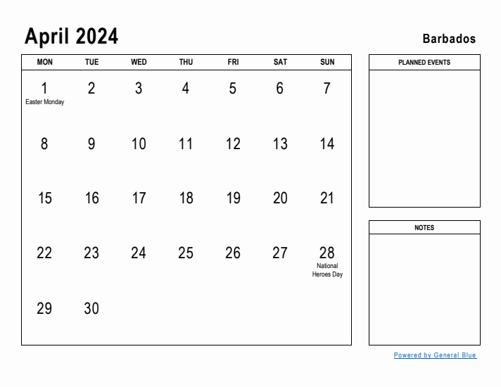 April 2024 Printable Monthly Calendar with Barbados Holidays