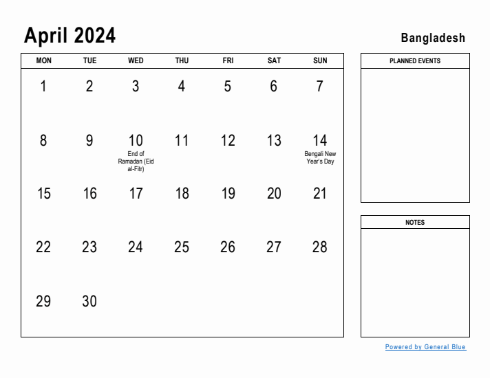 April 2024 Printable Monthly Calendar with Bangladesh Holidays