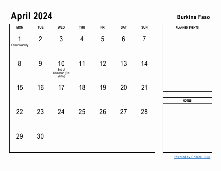 April 2024 Printable Monthly Calendar with Burkina Faso Holidays