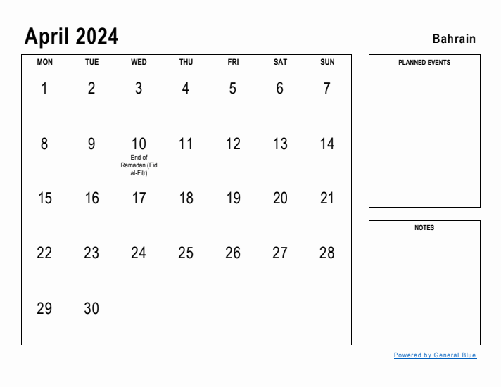 April 2024 Printable Monthly Calendar with Bahrain Holidays