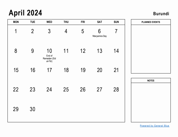 April 2024 Printable Monthly Calendar with Burundi Holidays