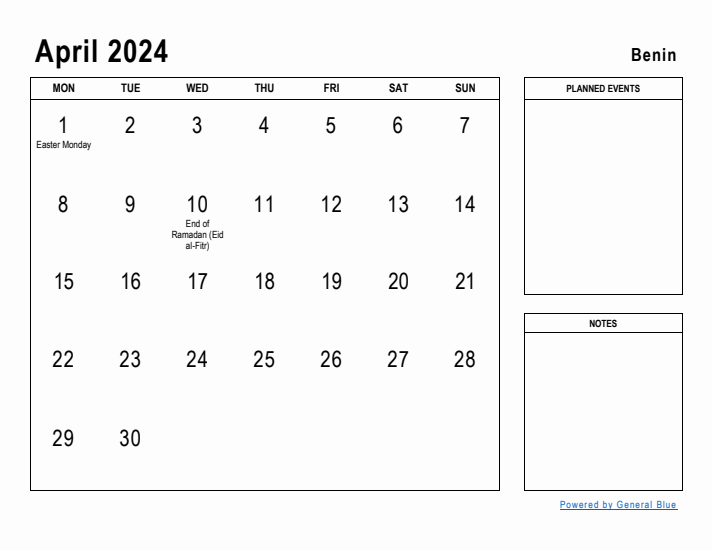 April 2024 Printable Monthly Calendar with Benin Holidays