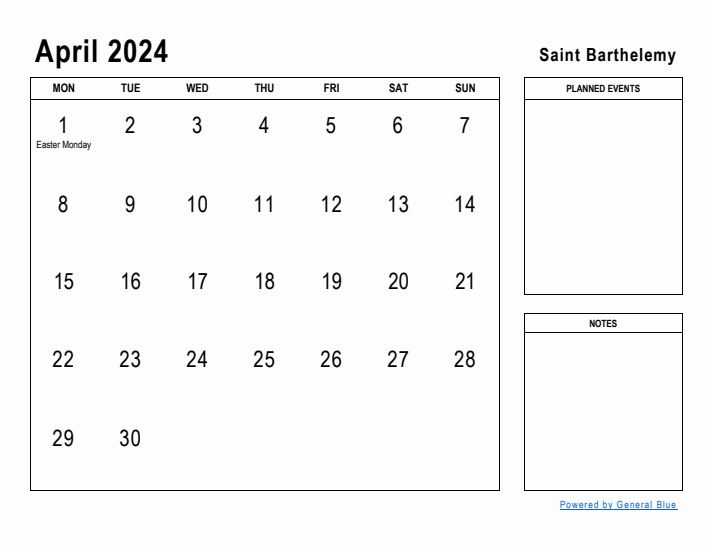 April 2024 Printable Monthly Calendar with Saint Barthelemy Holidays