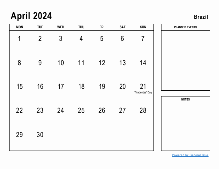 April 2024 Printable Monthly Calendar with Brazil Holidays