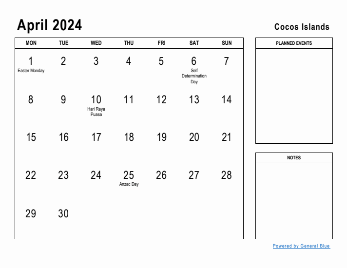 April 2024 Printable Monthly Calendar with Cocos Islands Holidays