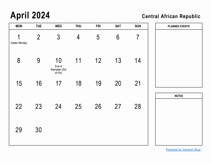 April 2024 Printable Monthly Calendar with Central African Republic Holidays