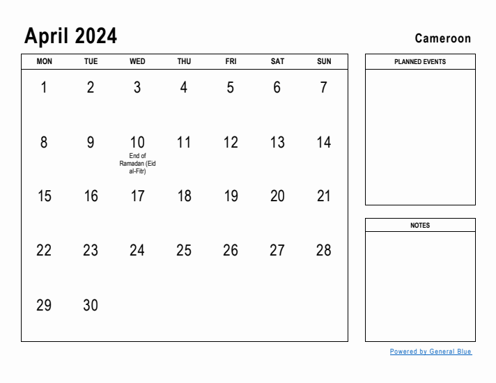 April 2024 Printable Monthly Calendar with Cameroon Holidays