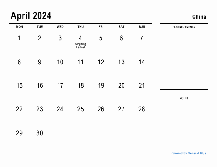 April 2024 Printable Monthly Calendar with China Holidays