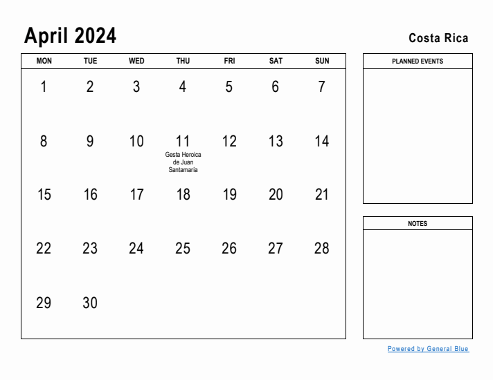 April 2024 Printable Monthly Calendar with Costa Rica Holidays