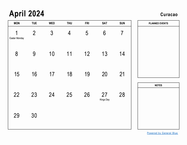 April 2024 Printable Monthly Calendar with Curacao Holidays