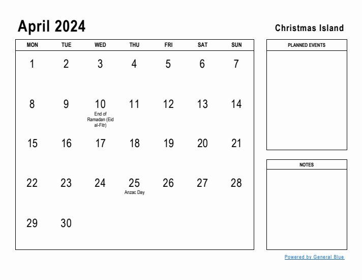 April 2024 Printable Monthly Calendar with Christmas Island Holidays