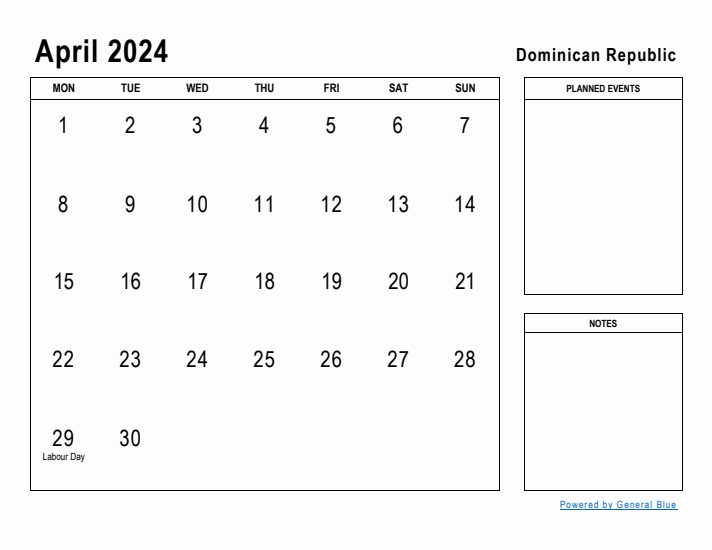 April 2024 Printable Monthly Calendar with Dominican Republic Holidays