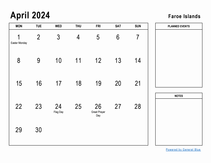 April 2024 Printable Monthly Calendar with Faroe Islands Holidays