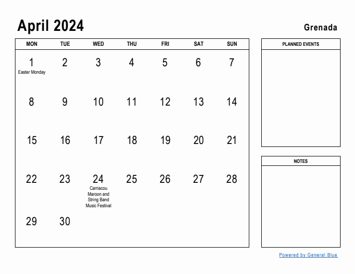 April 2024 Printable Monthly Calendar with Grenada Holidays