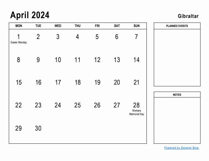 April 2024 Printable Monthly Calendar with Gibraltar Holidays