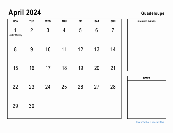 April 2024 Printable Monthly Calendar with Guadeloupe Holidays