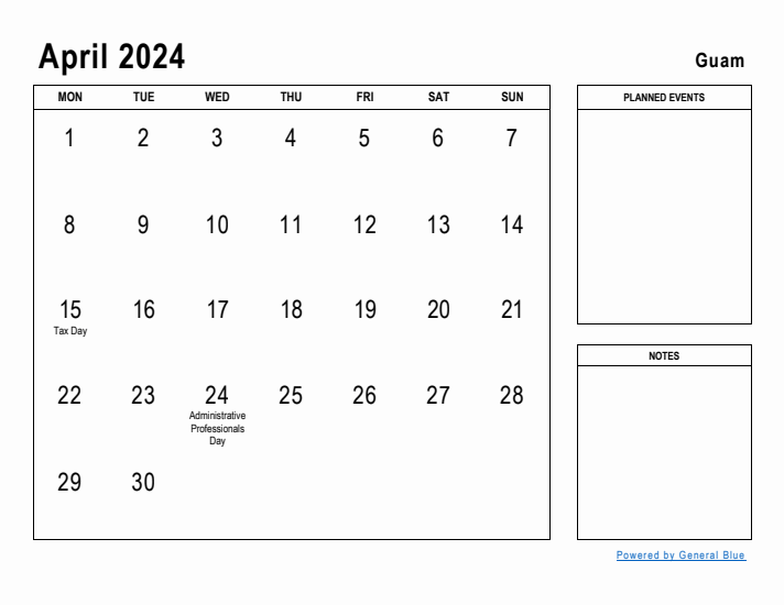 April 2024 Printable Monthly Calendar with Guam Holidays