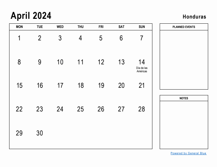 April 2024 Printable Monthly Calendar with Honduras Holidays