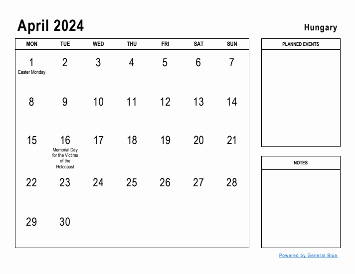 April 2024 Printable Monthly Calendar with Hungary Holidays