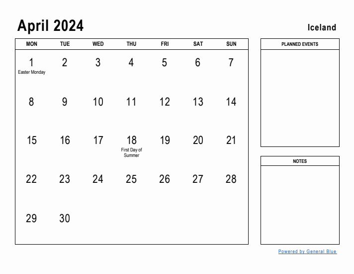 April 2024 Printable Monthly Calendar with Iceland Holidays