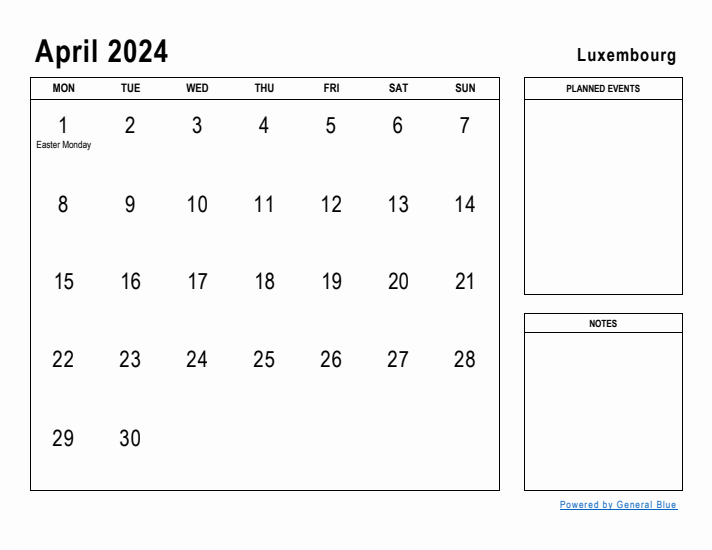 April 2024 Printable Monthly Calendar with Luxembourg Holidays