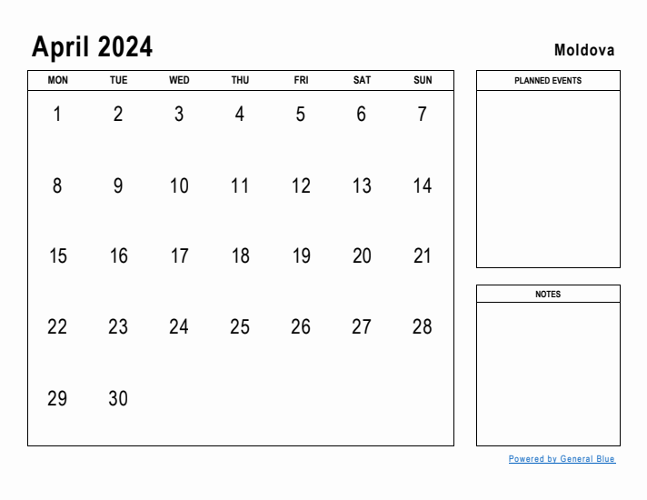 April 2024 Printable Monthly Calendar with Moldova Holidays