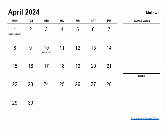 April 2024 Printable Monthly Calendar with Malawi Holidays