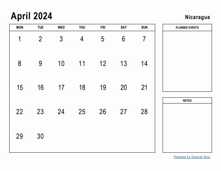 April 2024 Printable Monthly Calendar with Nicaragua Holidays