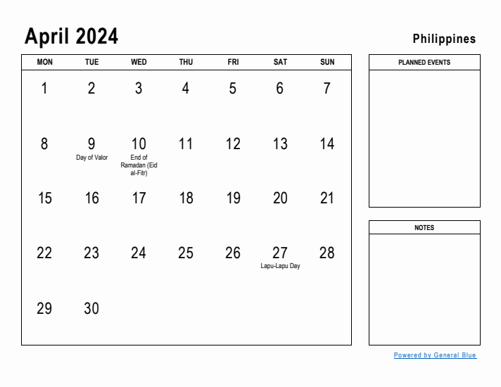 April 2024 Printable Monthly Calendar with Philippines Holidays