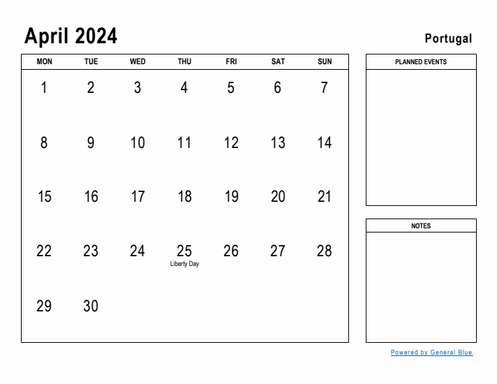 April 2024 Printable Monthly Calendar with Portugal Holidays