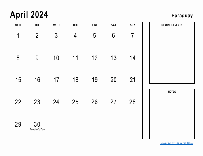 April 2024 Printable Monthly Calendar with Paraguay Holidays