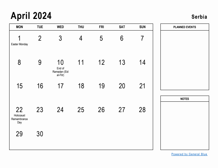 April 2024 Printable Monthly Calendar with Serbia Holidays