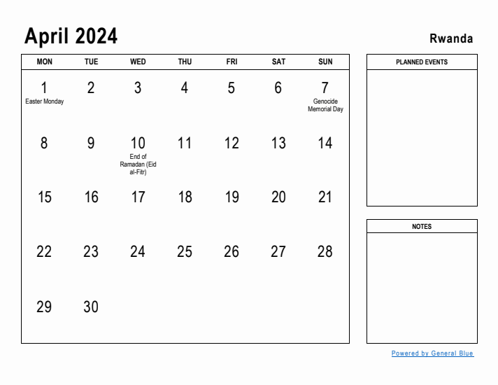 April 2024 Printable Monthly Calendar with Rwanda Holidays