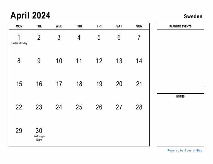 April 2024 Printable Monthly Calendar with Sweden Holidays