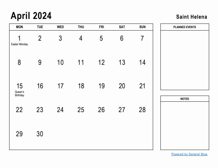 April 2024 Printable Monthly Calendar with Saint Helena Holidays