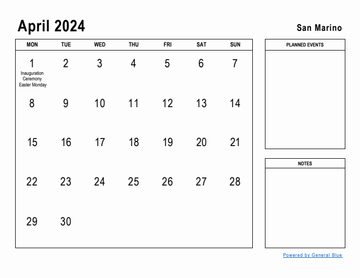 April 2024 Printable Monthly Calendar with San Marino Holidays