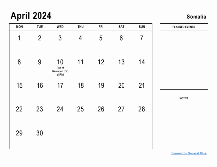 April 2024 Printable Monthly Calendar with Somalia Holidays