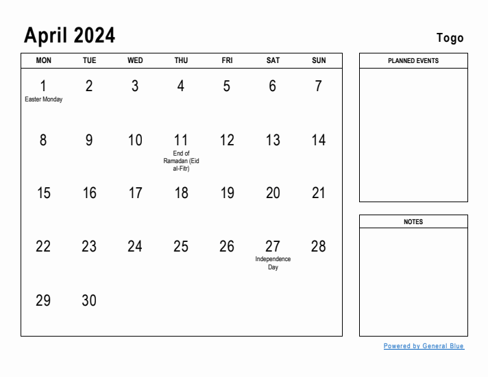 April 2024 Printable Monthly Calendar with Togo Holidays