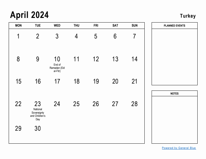 April 2024 Printable Monthly Calendar with Turkey Holidays