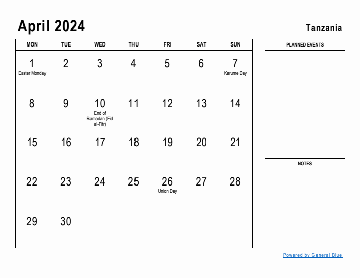 April 2024 Printable Monthly Calendar with Tanzania Holidays