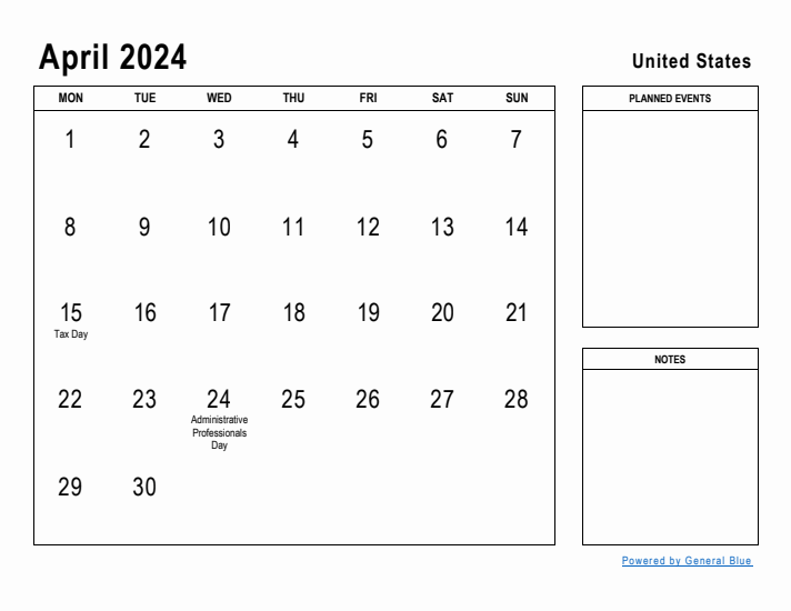 April 2024 Printable Monthly Calendar with United States Holidays