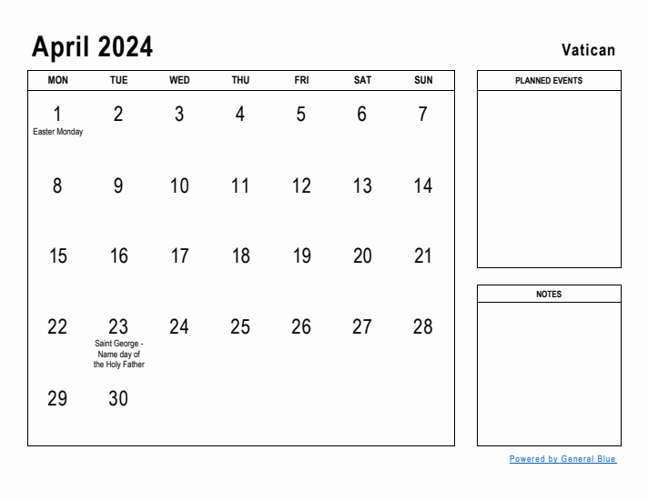 April 2024 Printable Monthly Calendar with Vatican Holidays