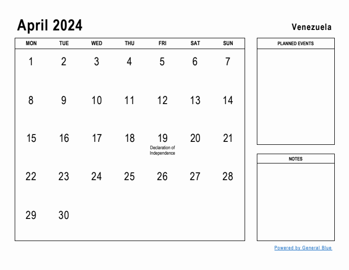 April 2024 Printable Monthly Calendar with Venezuela Holidays