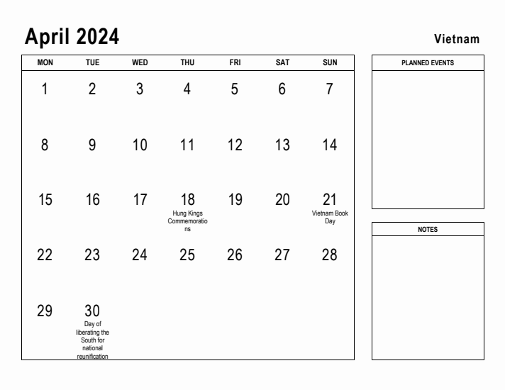 April 2024 Printable Monthly Calendar with Vietnam Holidays